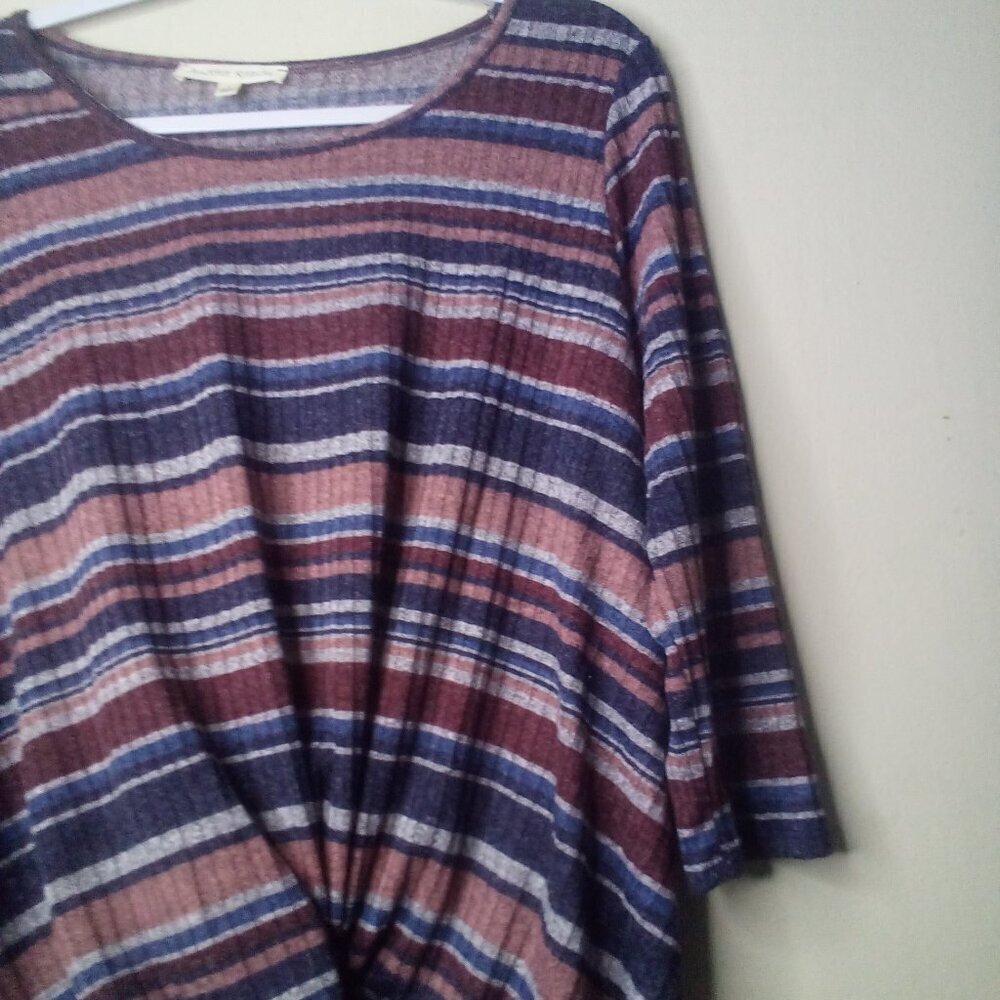 Another Reason Shirt Blouse L 3/4 Sleeve Tie Detail Ribbed Stripe Blue Red - Picture 8 of 14